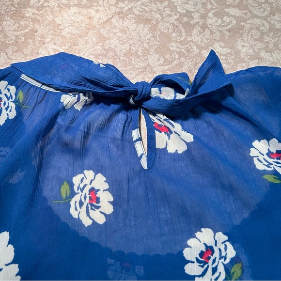 Abercrombie & Fitch~ Blue Floral Sheer Chiffon Tie Bow Ruffle Shirt in Medium - Picture 6 of 12